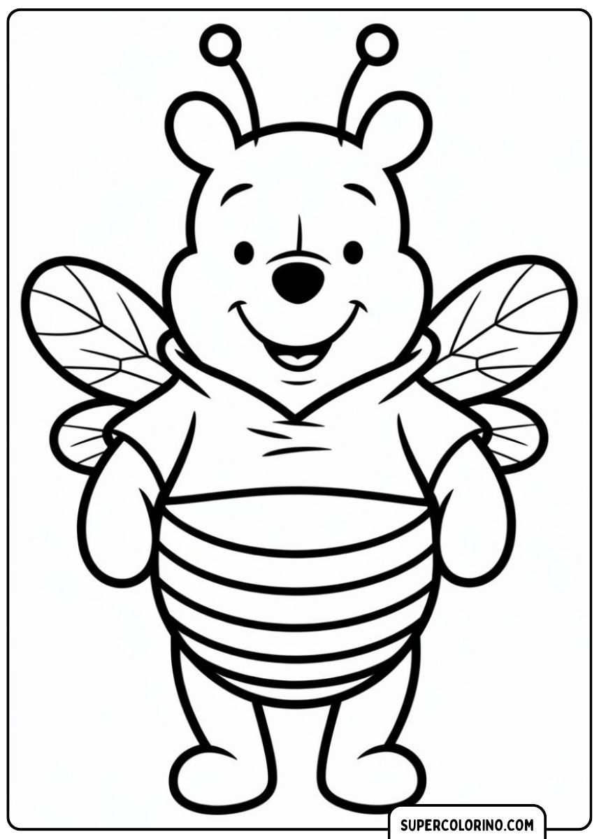Winnie Puuh im Bienenkostüm mit Streifen, Flügeln und Antennen