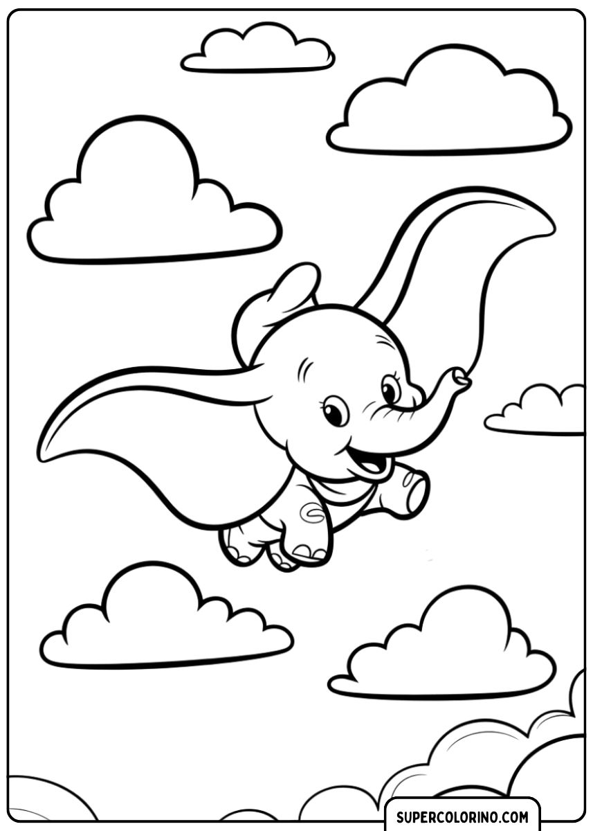 Image à colorier de l'éléphant volant Dumbo glissant parmi les nuages ​​avec ses grandes oreilles.