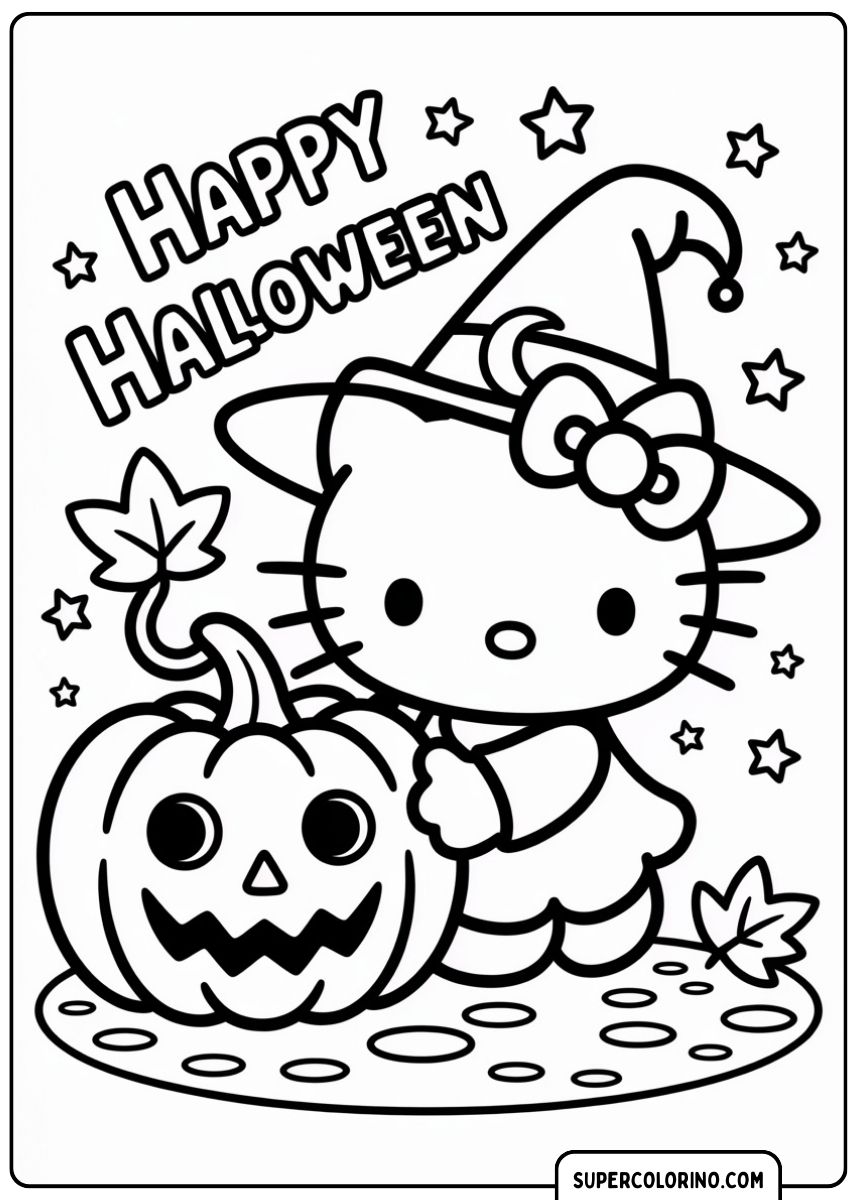 Disegno da colorare di Hello Kitty con una zucca decorativa