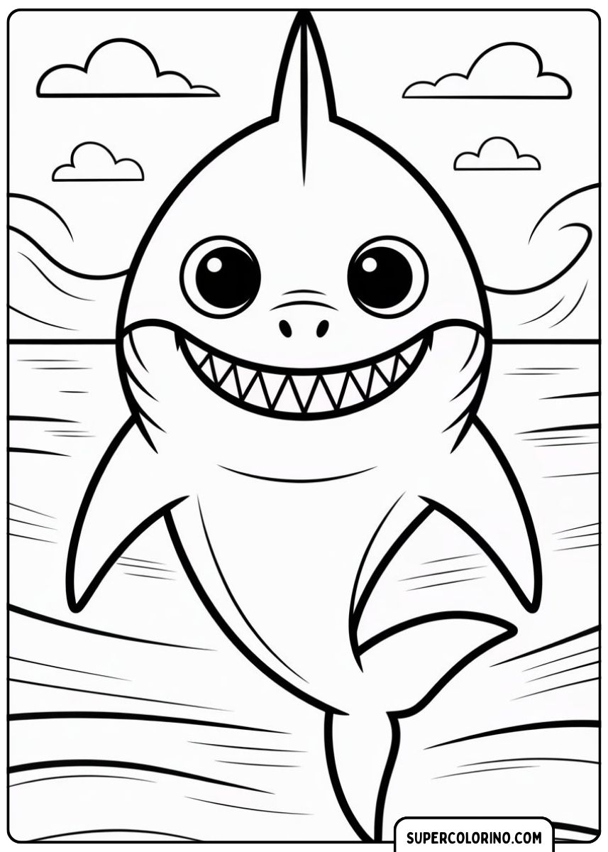 Un requin souriant nage dans la mer avec des nuages ​​en arrière-plan.