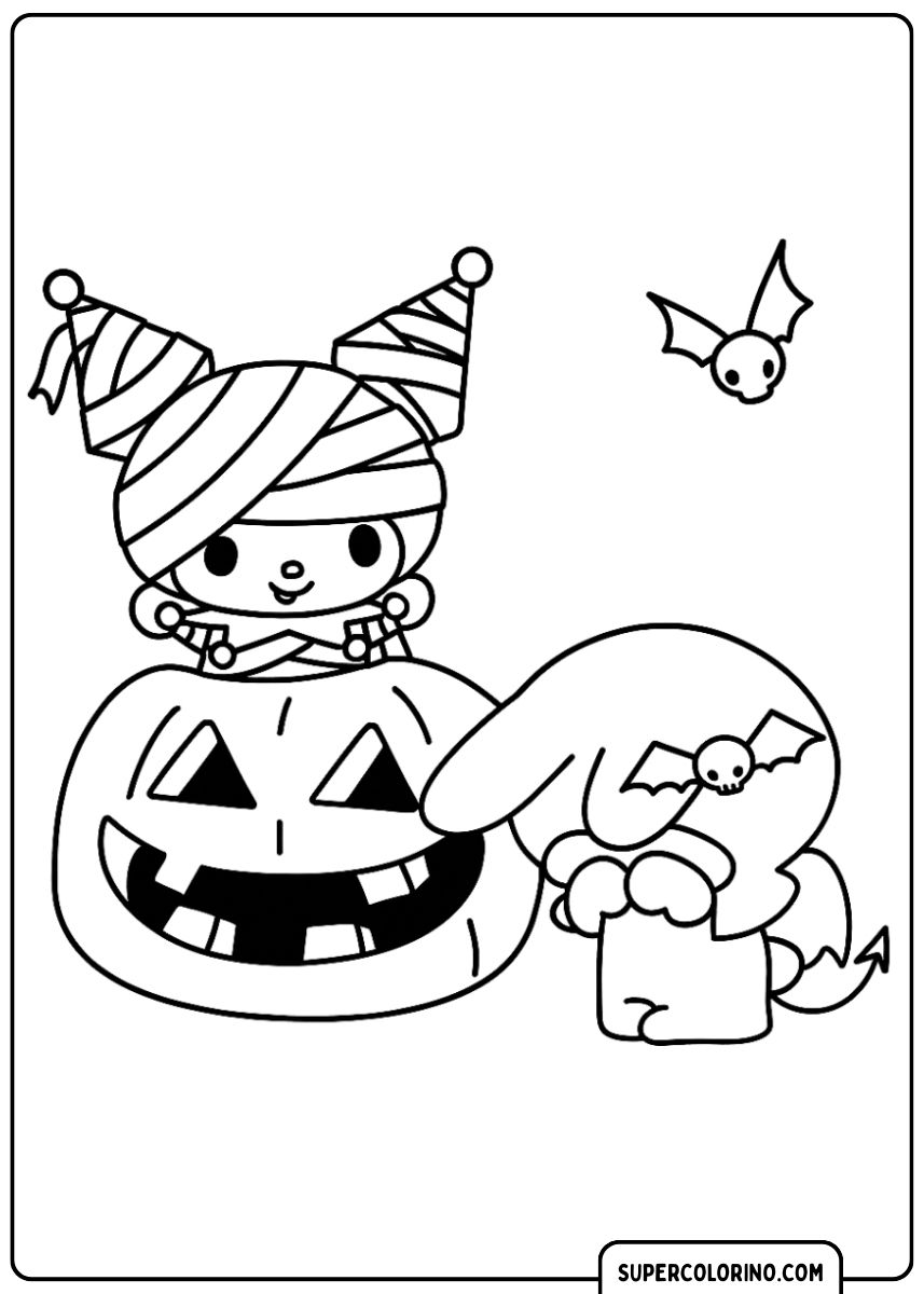 Malvorlage von Kuromi, die für Halloween verkleidet ist.