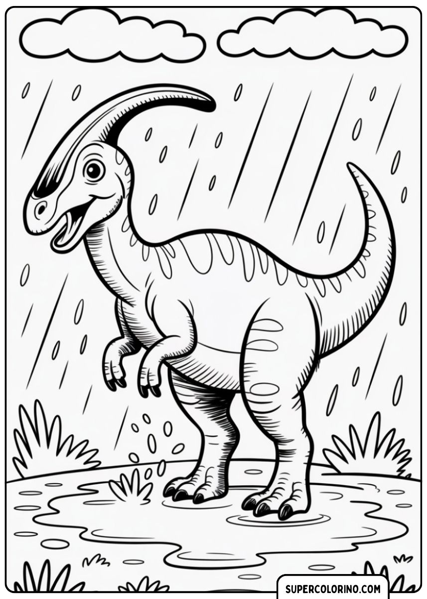 Kleurplaat van een dinosaurus in de regen.