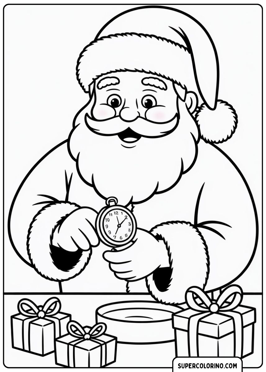 Der Weihnachtsmann schaut auf seine Uhr.