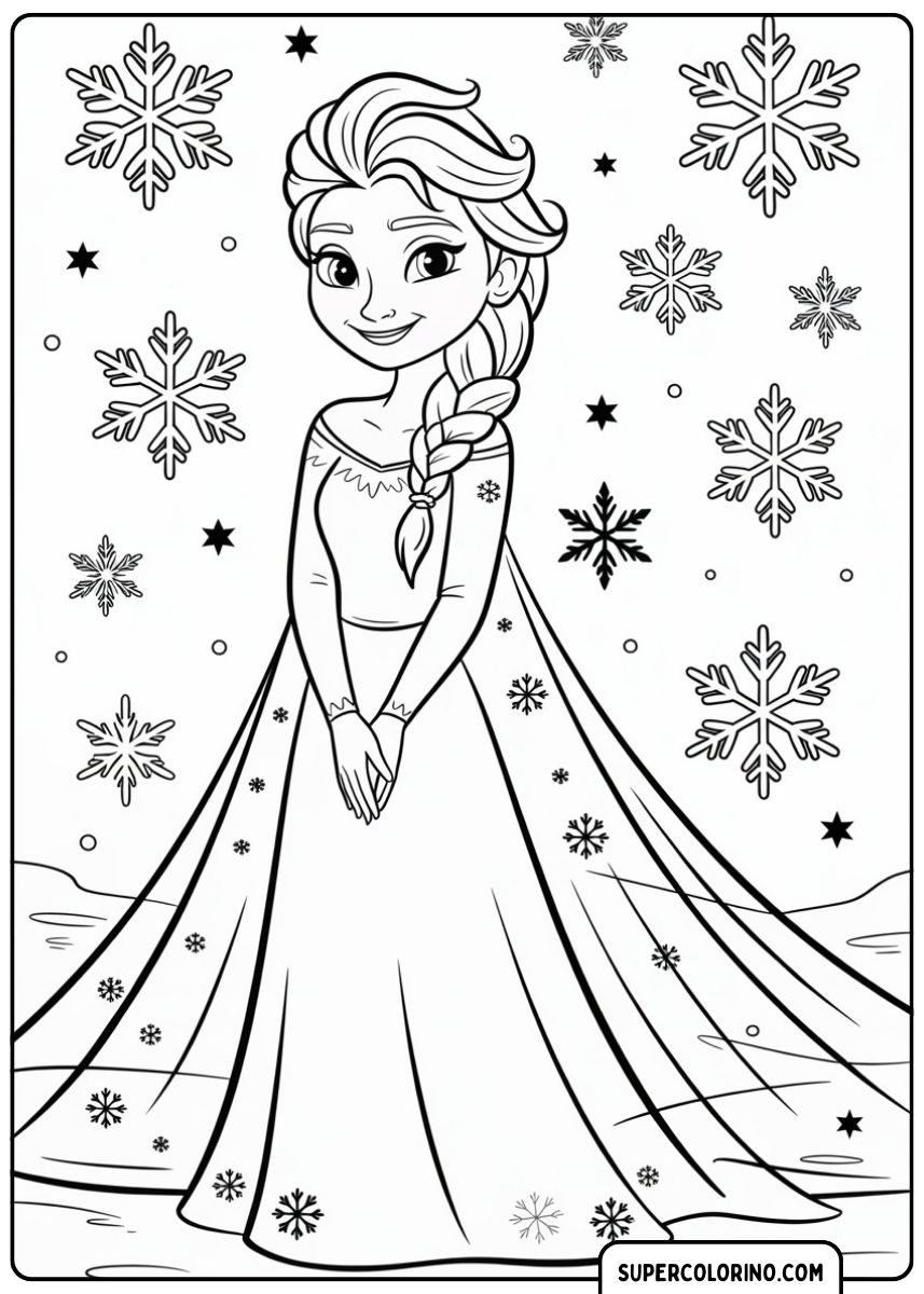 Elsa lächelt und hält eine Schneeflocke in ihrem Eisschloss mit gotischen Bögen.