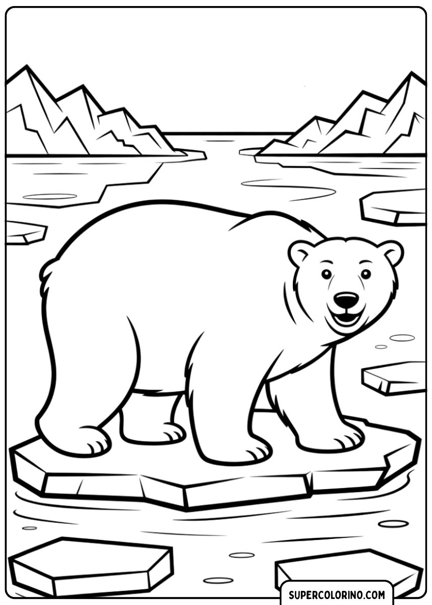 Coloriage Ours polaire debout sur une banquise dans la mer Arctique, avec des montagnes en arrière-plan.