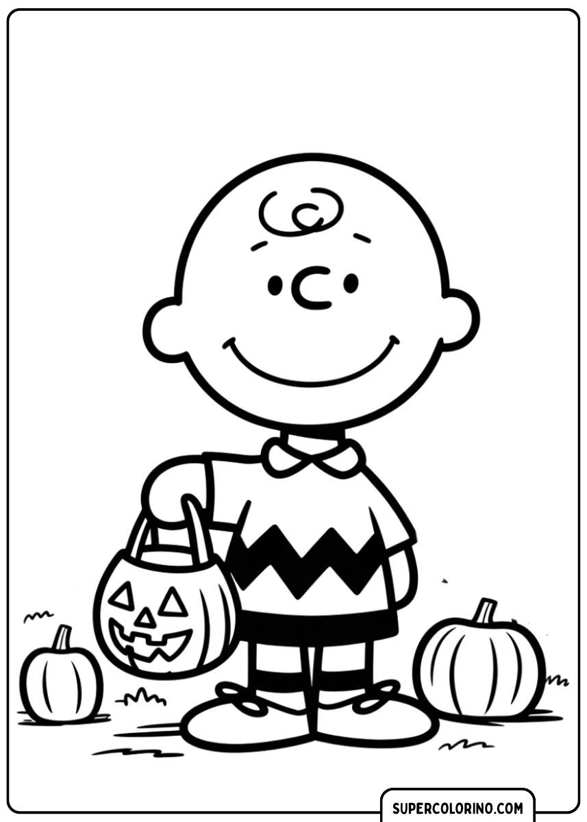 Charlie Brown (Peanuts) lächelt in seiner ikonischen Kleidung und mit einem Jack O'Lantern-Eimer.