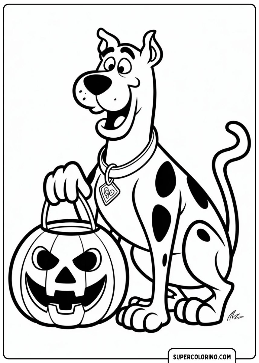 Disegno da colorare di Scooby-Doo felice accanto a una zucca di Halloween