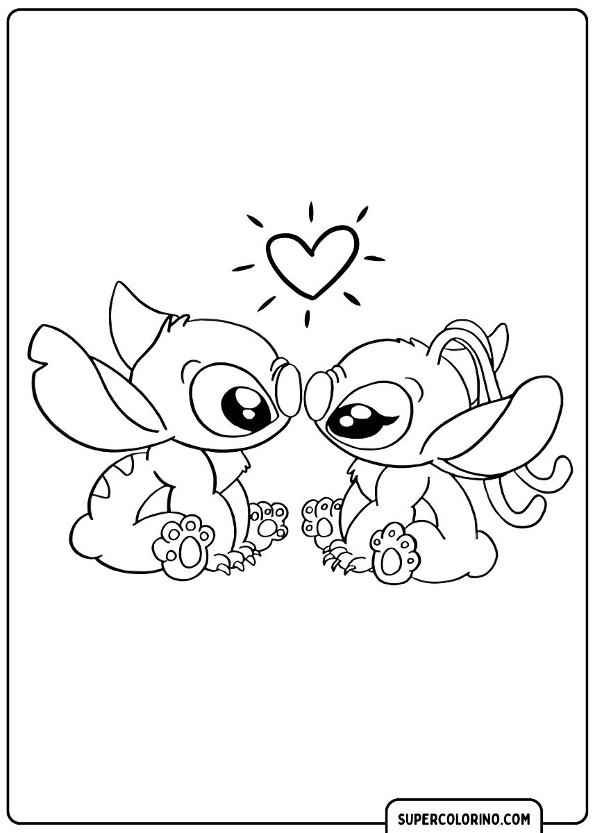 Stitch en Angel met kerstmutsen voor de boom, klaar om het te vieren