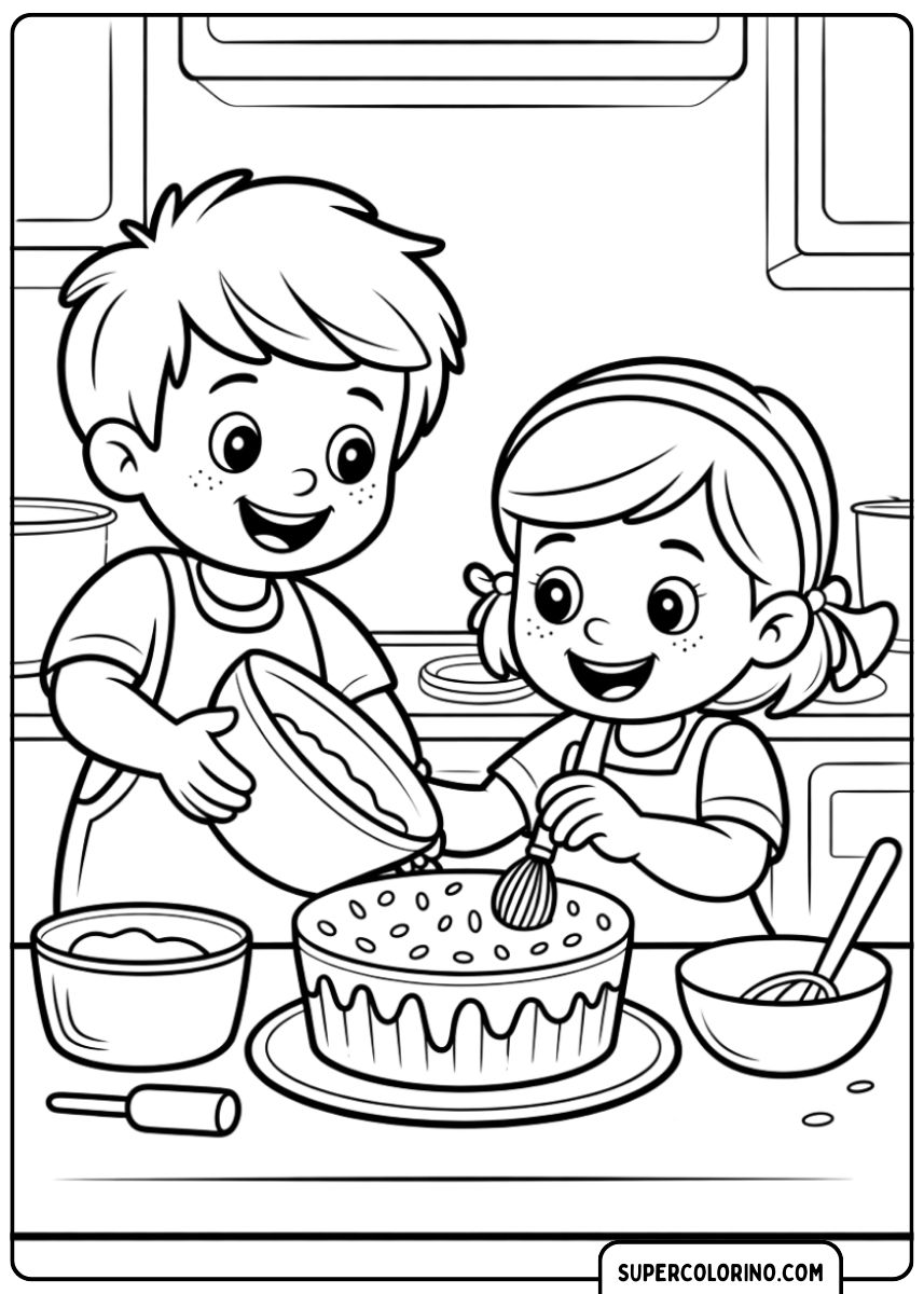 Zwei Brüder bereiten einen Kuchen zu.