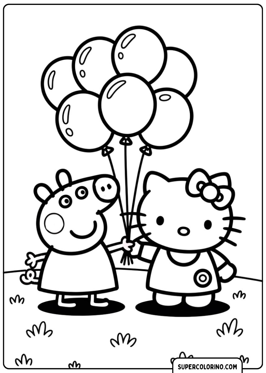 Ausmalbilder Peppa Wutz – Peppa mit Hello Kitty.