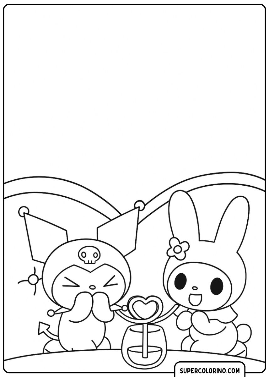 Malvorlage von Kuromi und My Melody, die zusammen lachen.