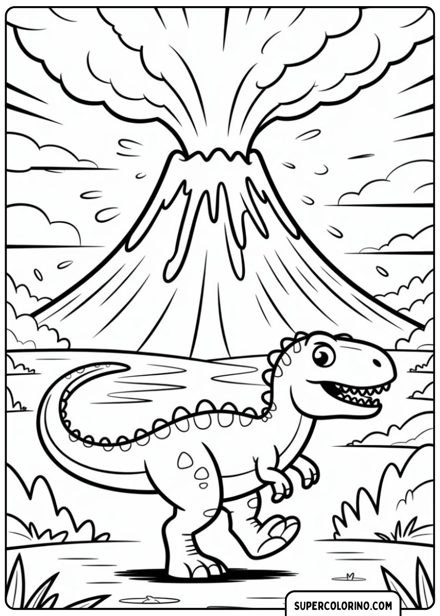 Kleurplaat van een dinosaurus bij een uitbarstende vulkaan.