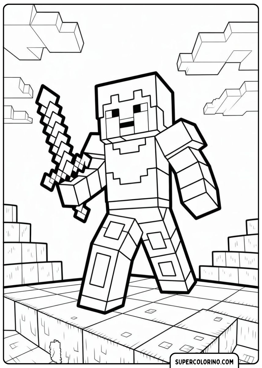 Steve mit einem Schwert in Minecraft.
