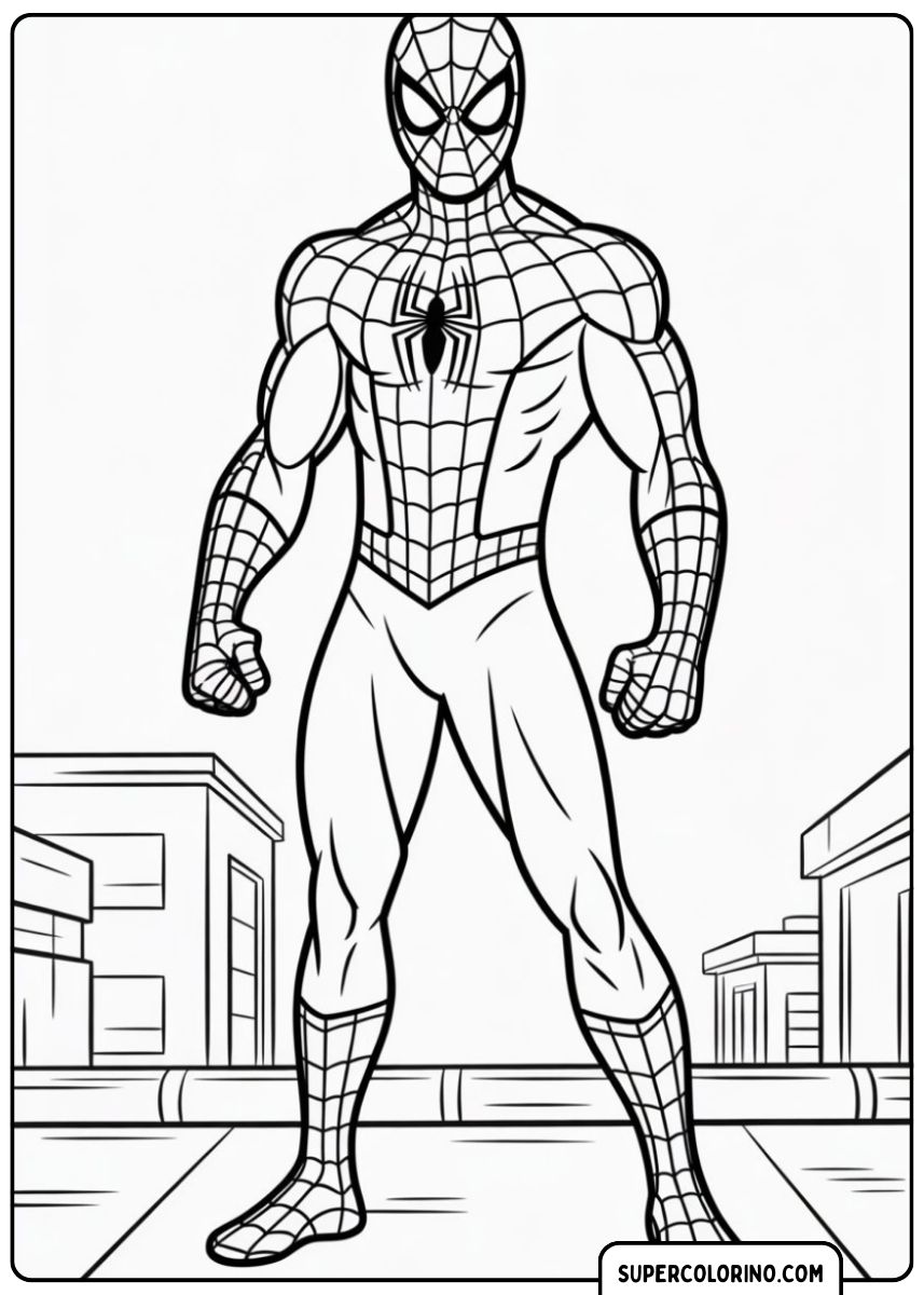 Spider-Man dans une pose héroïque, debout sur un toit de la ville.