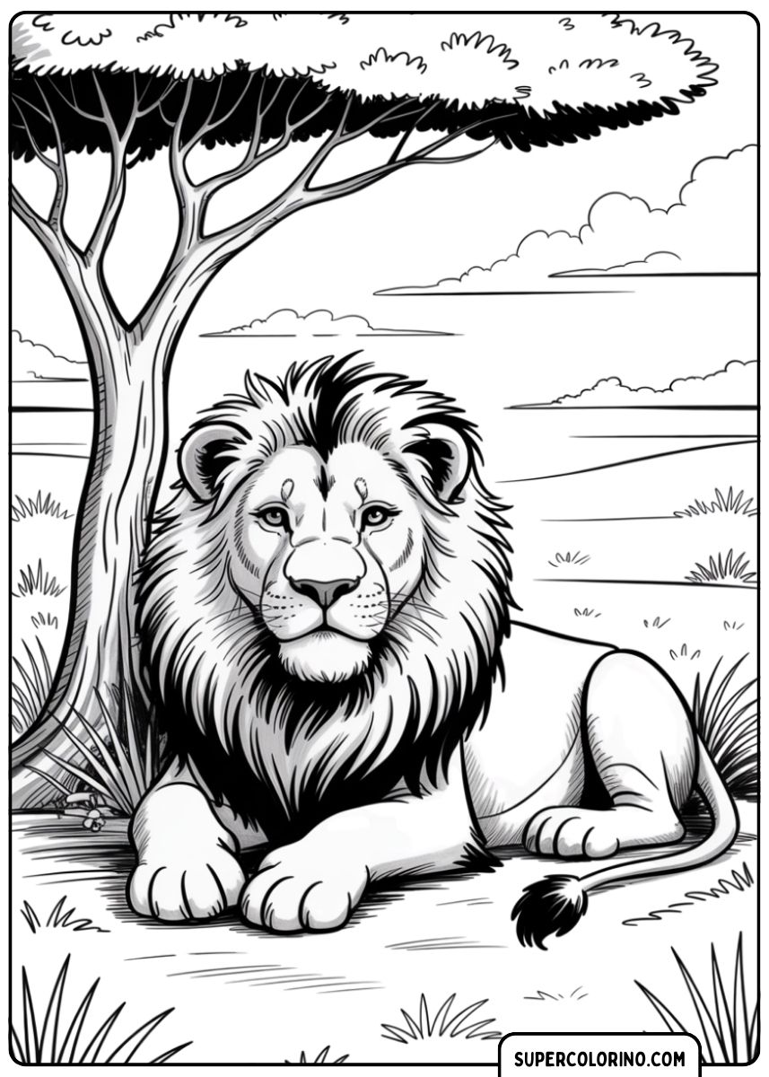 Coloriage Lion majestueux à la crinière épaisse couché sous un acacia.