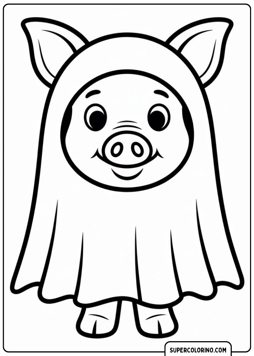 Entzückendes Schwein im Geisterkostüm (Blatt) mit unbedeckten Ohren.
