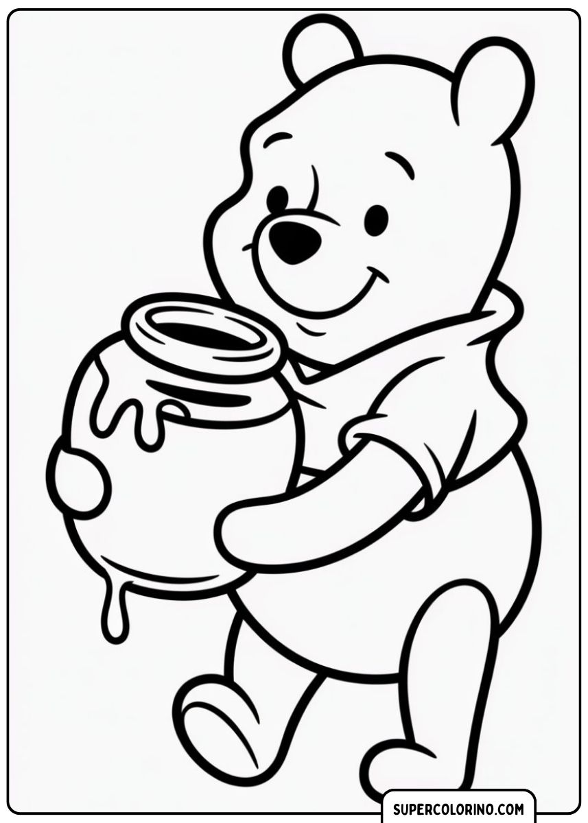 Image à colorier de Winnie l'ourson souriant tout en tenant un grand pot de miel dégoulinant.