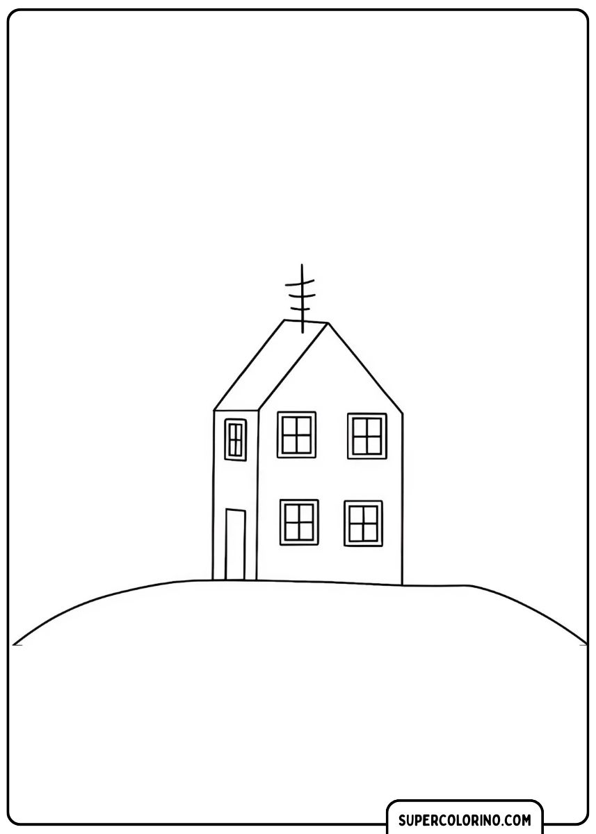Ein kleines Haus auf einem grünen Hügel mit weißem Zaun.