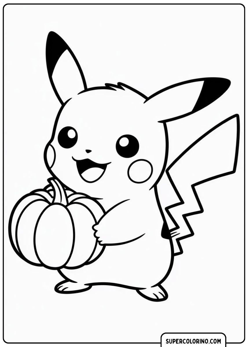 Disegno da colorare di Pikachu felice accanto a una zucca