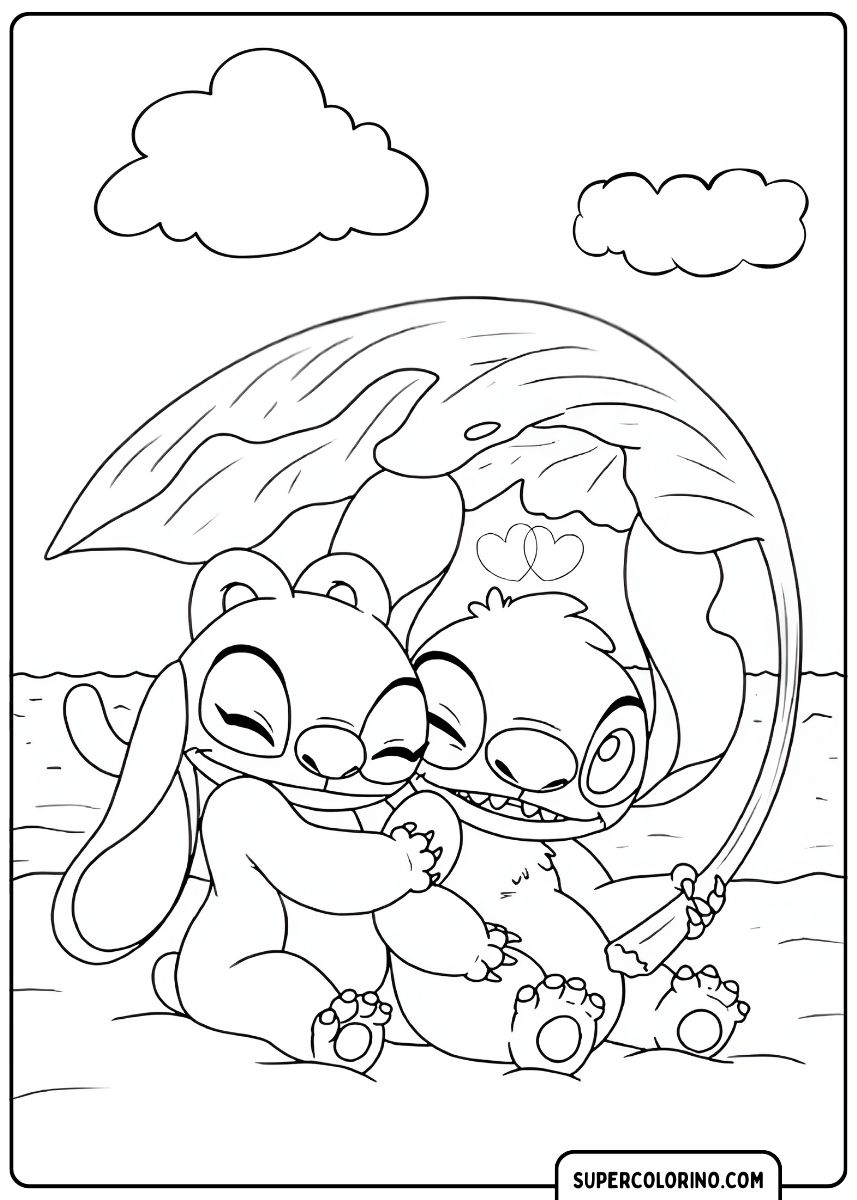 Stitch en Angel op het strand, spelend bij de zee in een kleurplaat