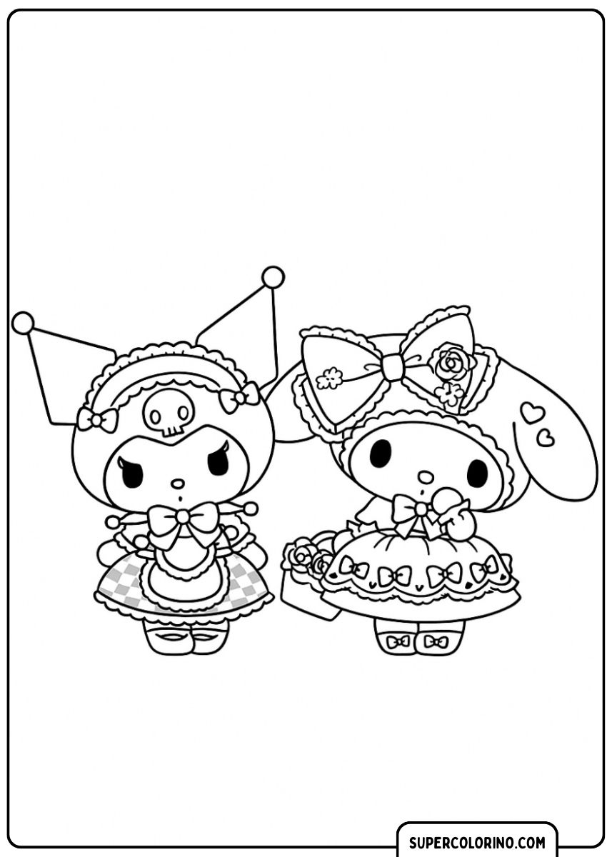 Malvorlage von Kuromi und My Melody in süßen Dienstmädchen-Outfits, Kuromi mit einem Tablett und My Melody lächelnd.