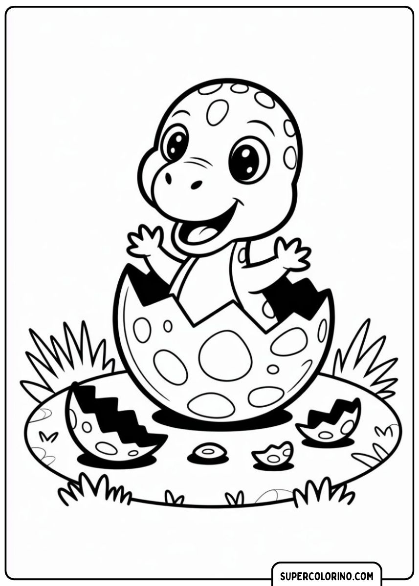 Kleurplaat van een ei dat uitkomt met een babydinosaurus.
