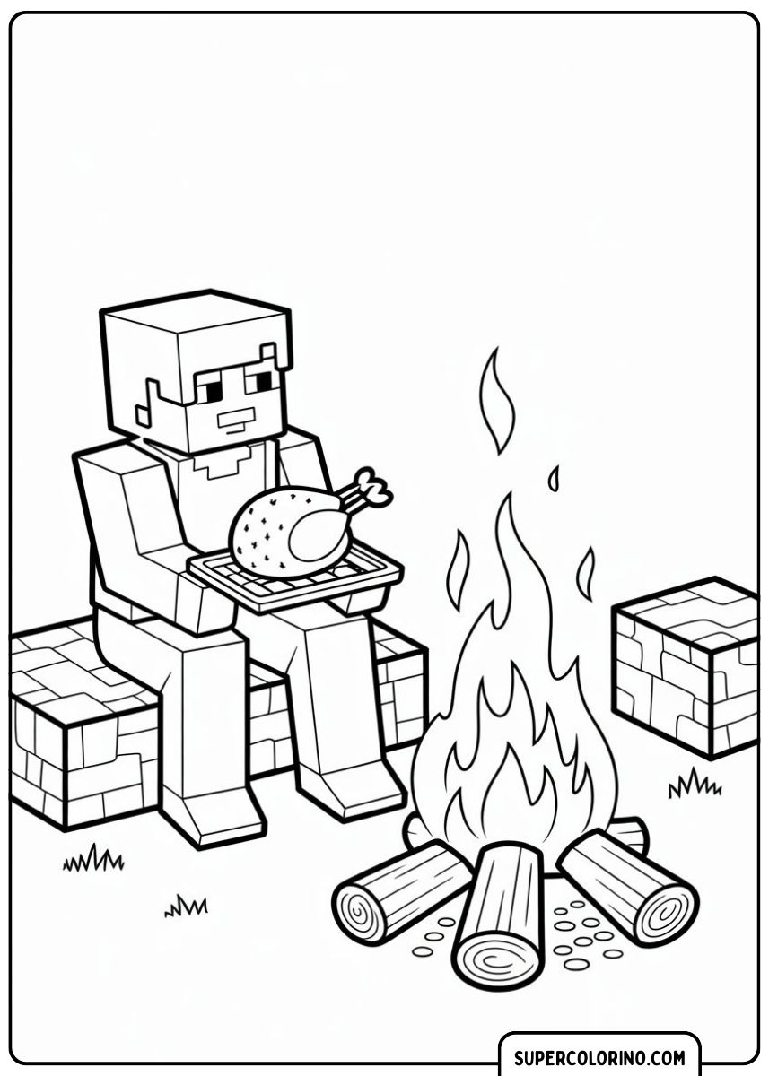 Steve kocht in Minecraft Fleisch auf dem Feuer.