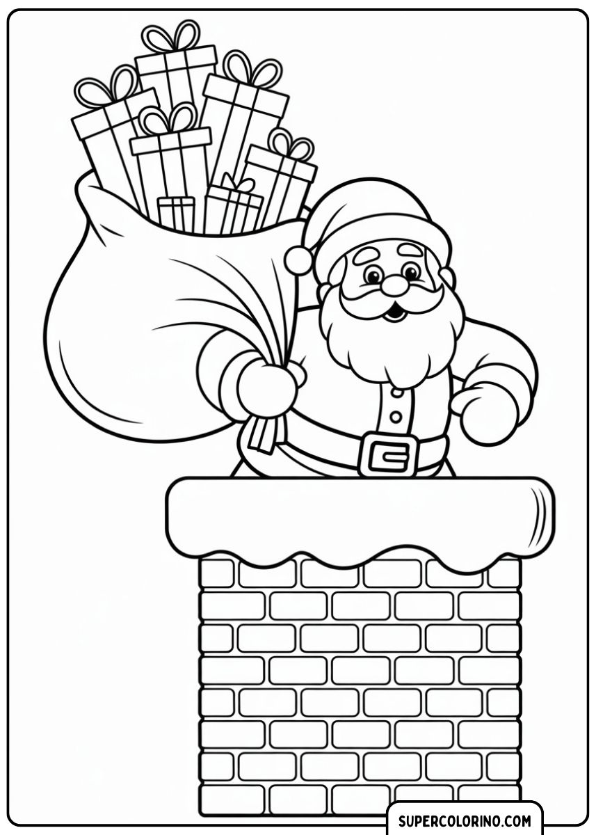 Der Weihnachtsmann kommt mit Geschenken durch den Schornstein.
