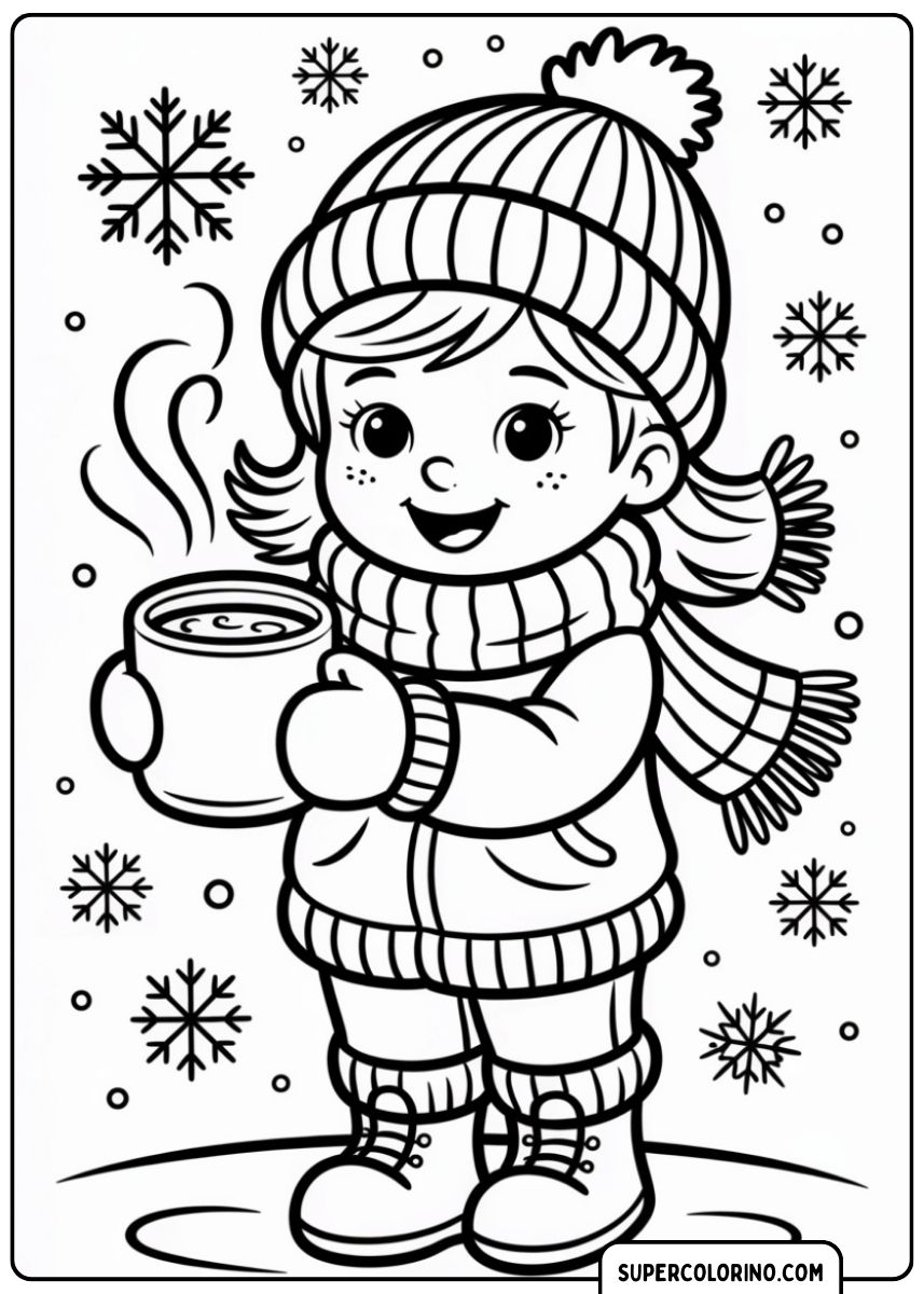 Fille avec page de coloriage écharpe d’hiver.