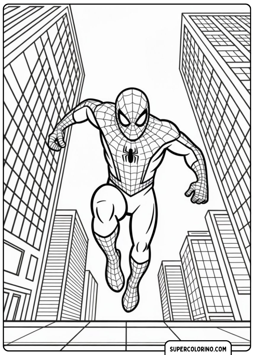 Spider-Man saute dynamiquement entre les grands gratte-ciel.