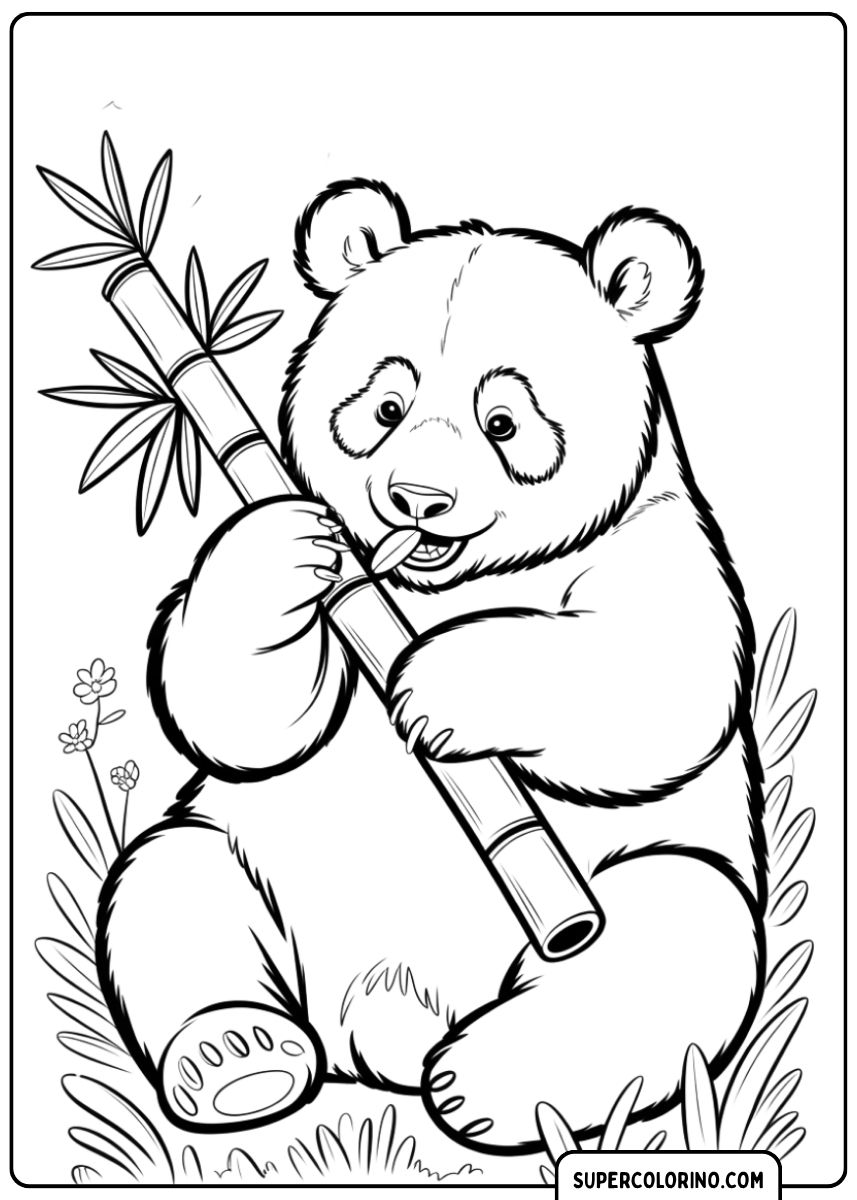 Coloriage Panda mignon assis en train de grignoter une grosse tige de bambou.