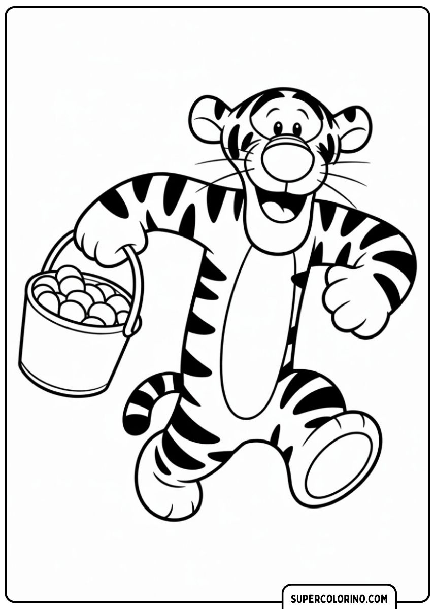 Fröhlicher Tigger (Winnie the Pooh) mit gestreiftem Fell, der einen Eimer voller Leckereien trägt.