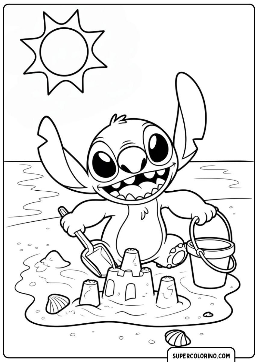 Image à colorier de Stitch sur la plage construisant des châteaux de sable avec une pelle et un seau.