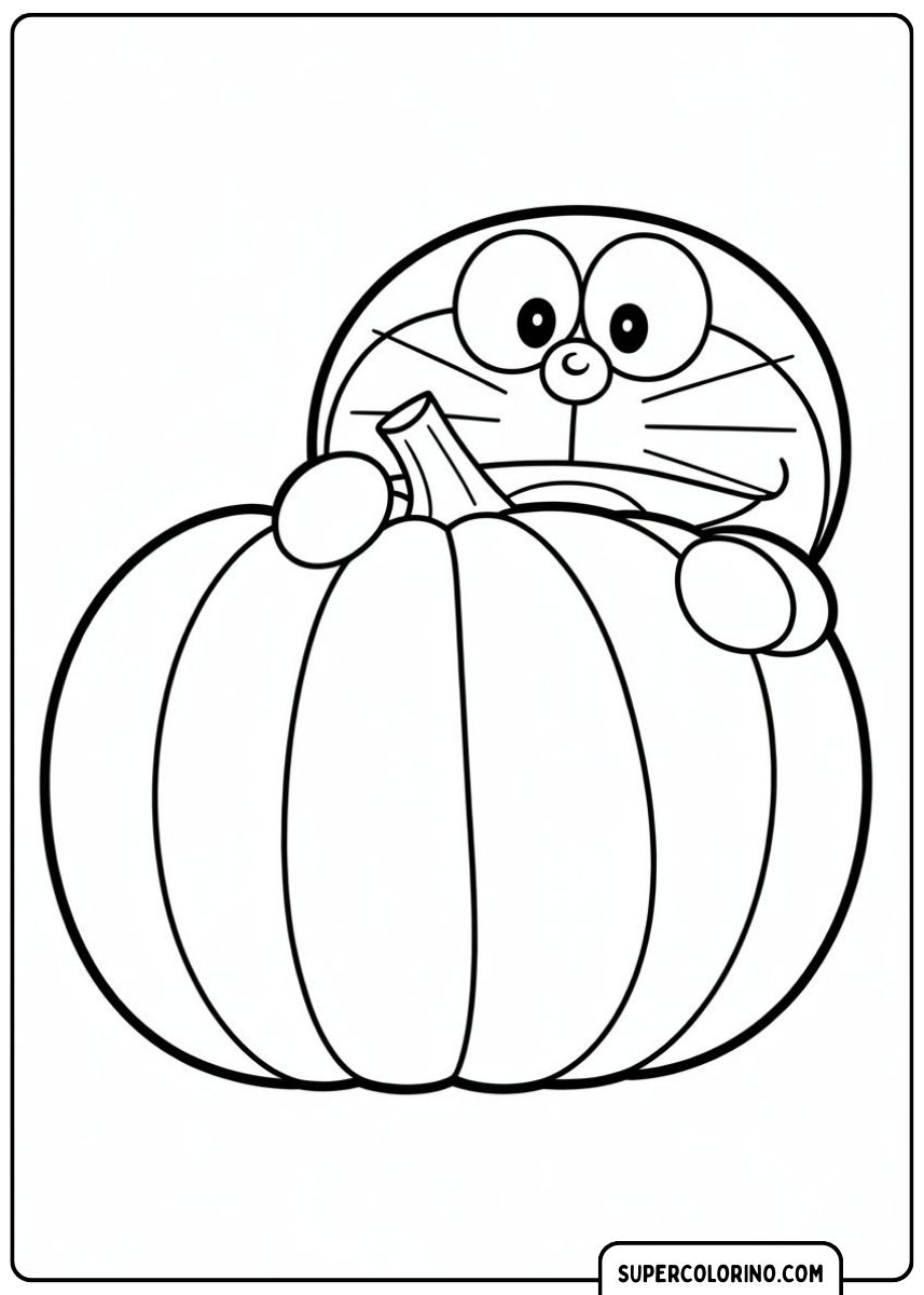 Disegno da colorare di Doraemon con una zucca di Halloween