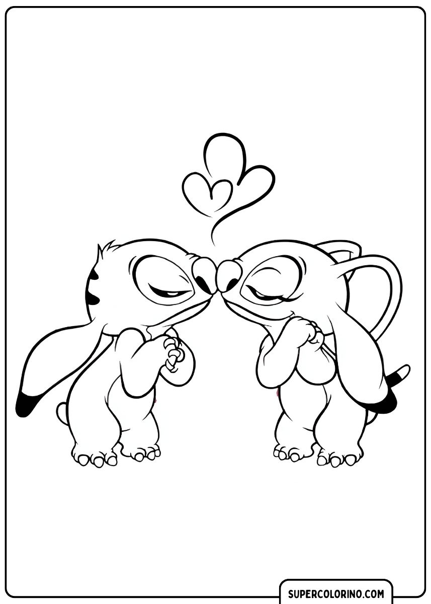 Stitch geeft een lieve kus aan Angel op een kleurplaat
