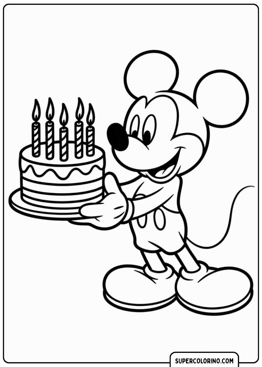 Mickey Mouse mit Geburtstagstorte.