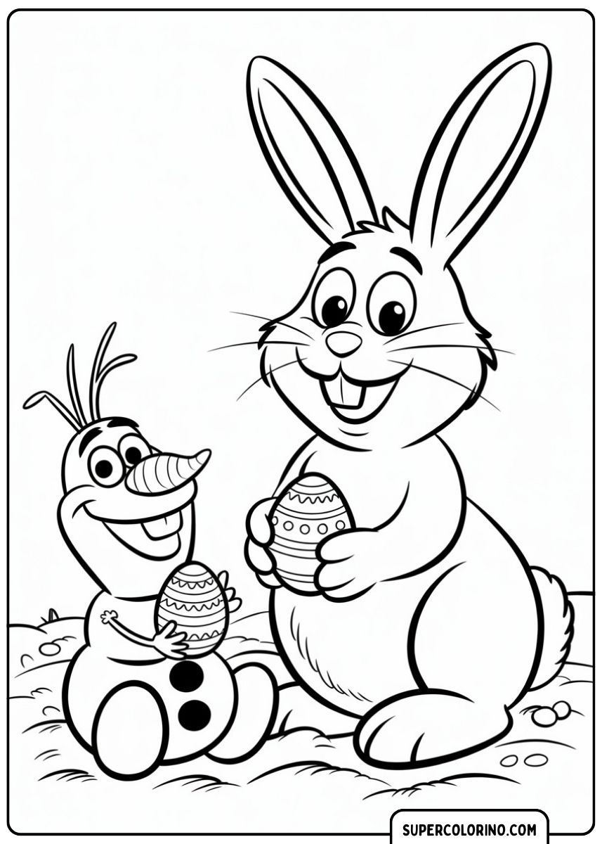 Osterhase mit Olaf, der dekorierte Eier hält.