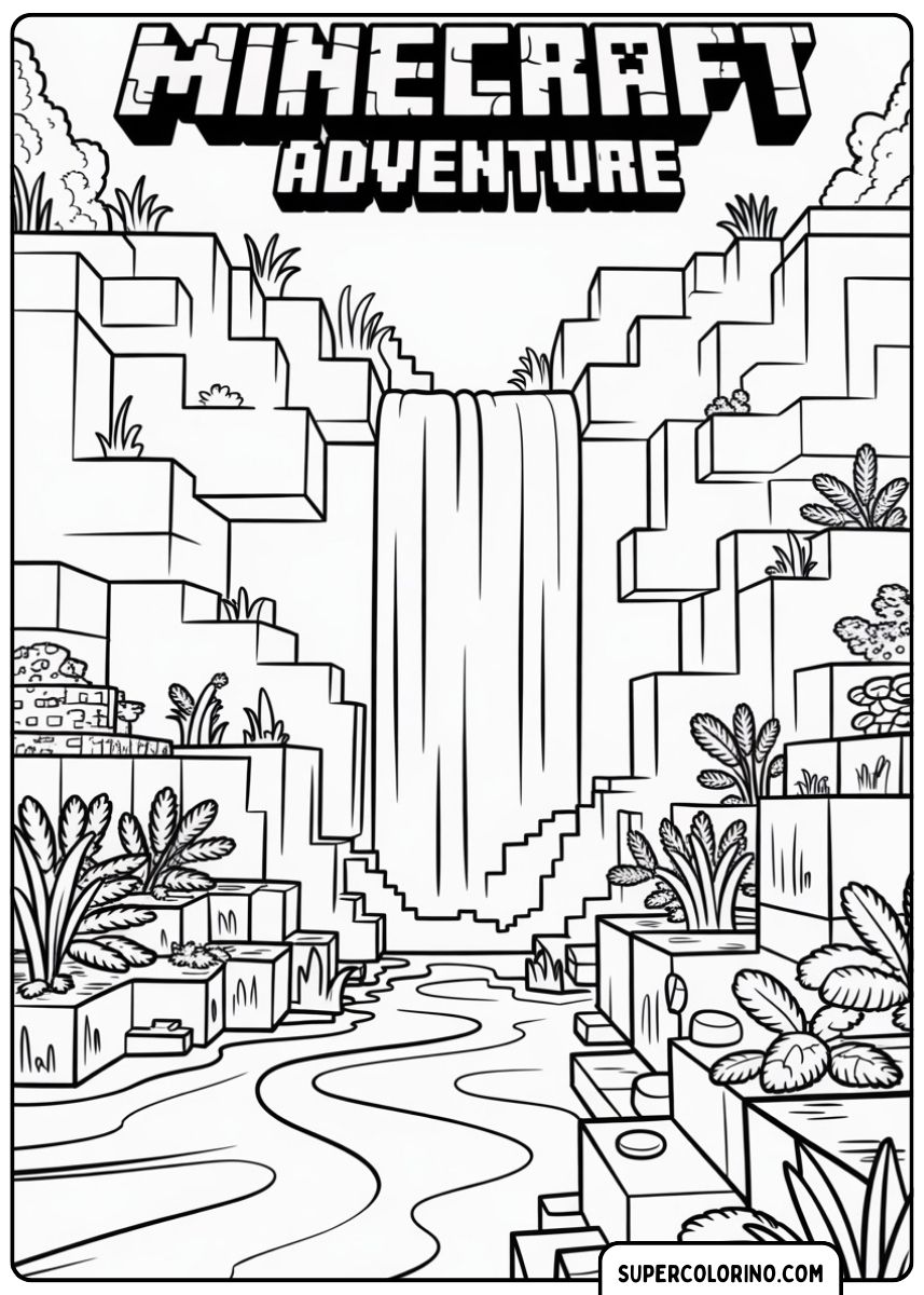 Minecraft-Wasserfall mit Blocklandschaft