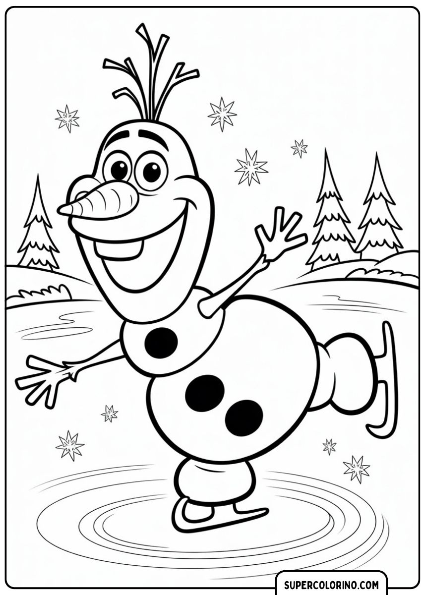 Olaf, der Schneemann, läuft auf einer gefrorenen Oberfläche, umgeben von Bäumen.