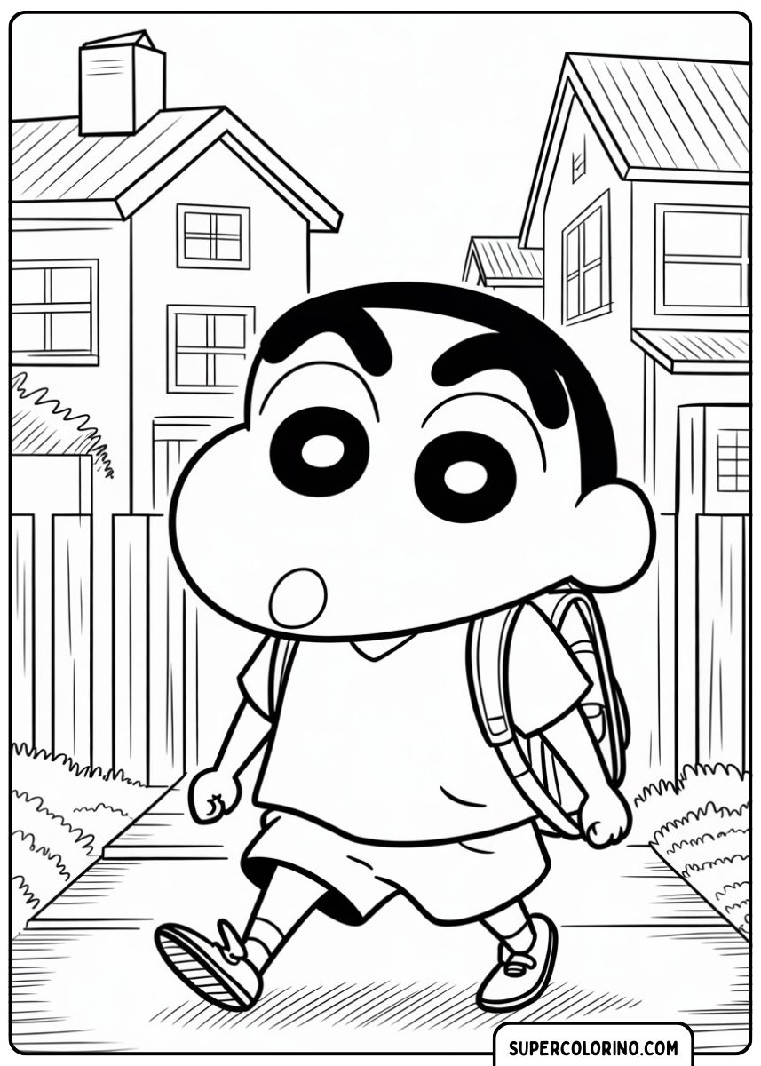 Der kleine Shin mit seinem Rucksack auf dem Weg zur Schule.