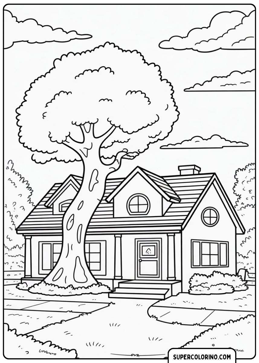 Ein Haus neben einem großen alten Baum.