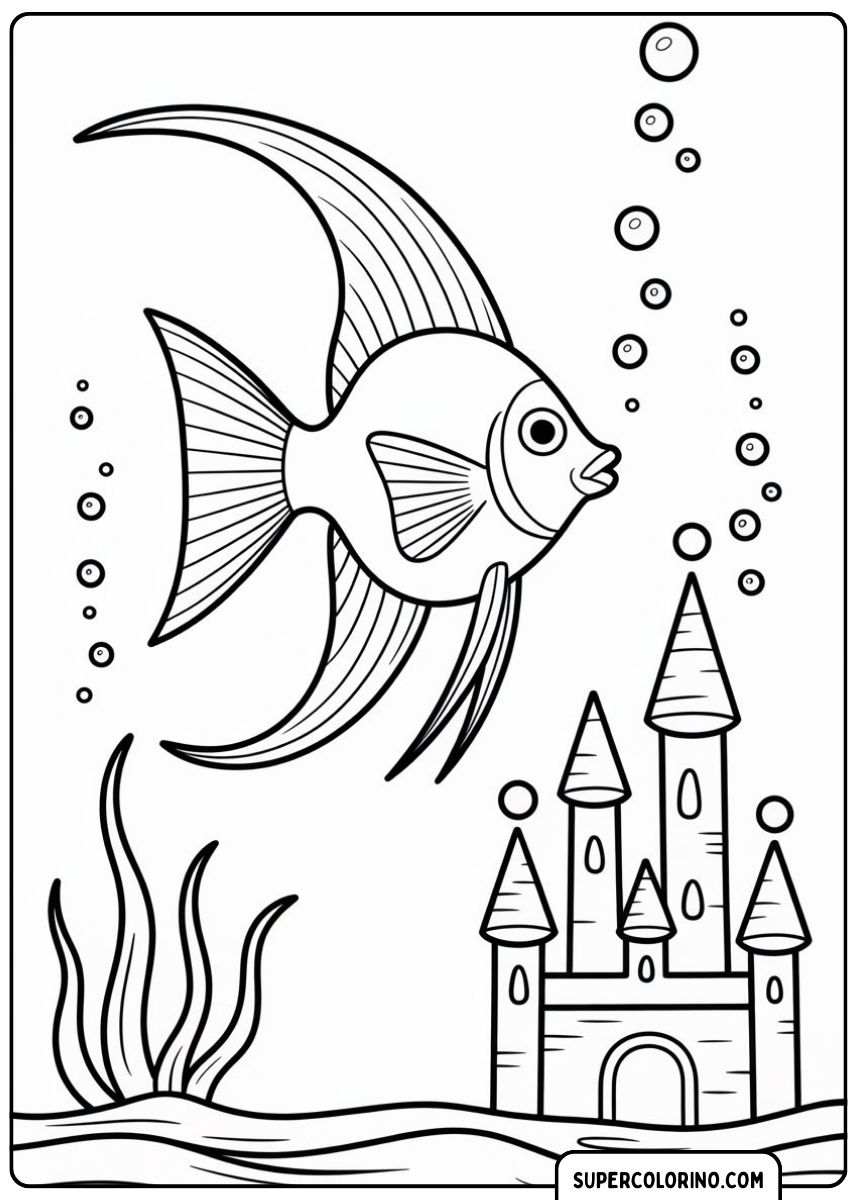 Un poisson nage près d’un château sous-marin.