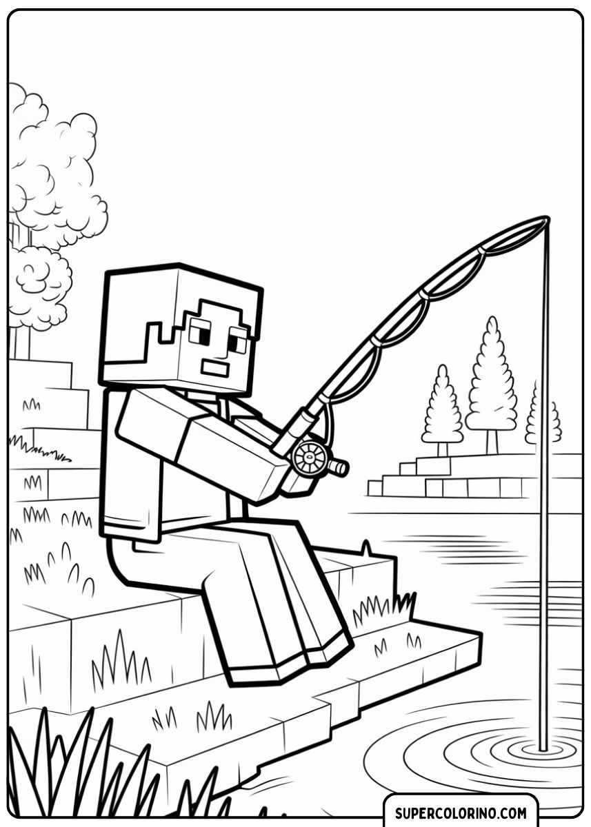 Steve fischt in Minecraft mit der Angelrute.