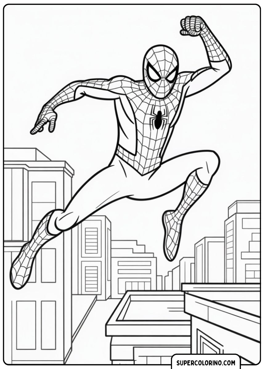 Spider-Man effectue un saut long et puissant par-dessus les toits de la ville.