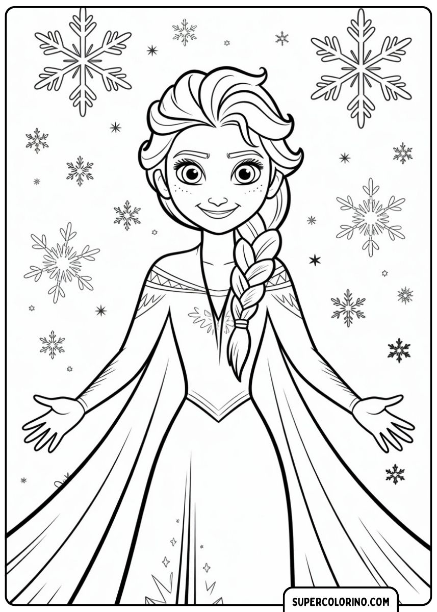 Elsa steht und lächelt in ihrem langen Kleid, umgeben von großen Schneeflocken.
