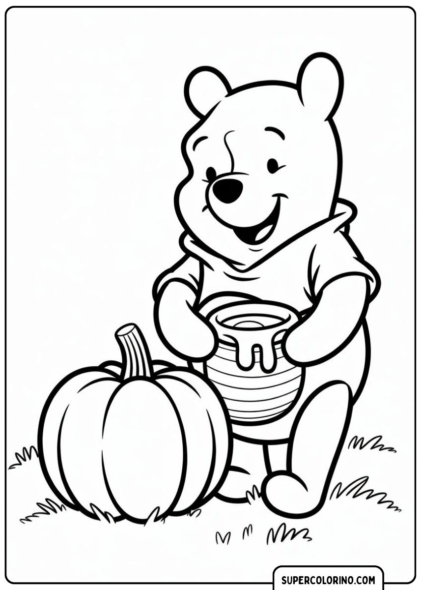 Disegno da colorare di Winnie the Pooh con una grande zucca