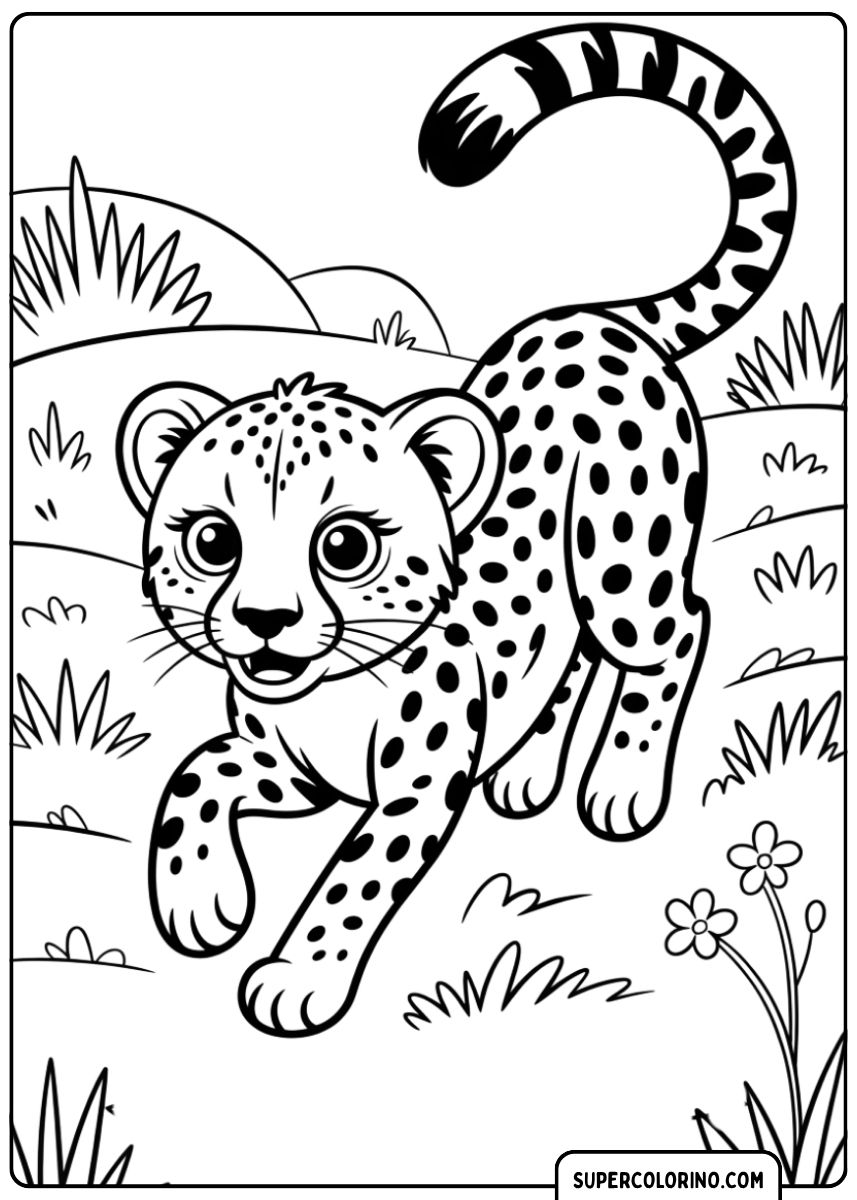 Coloriage Adorable petit guépard dans la savane avec des taches visibles.