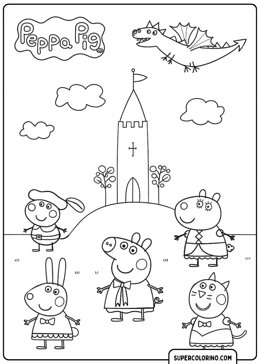 Malvorlage Peppa Wutz – magisches Königreich mit Schloss.