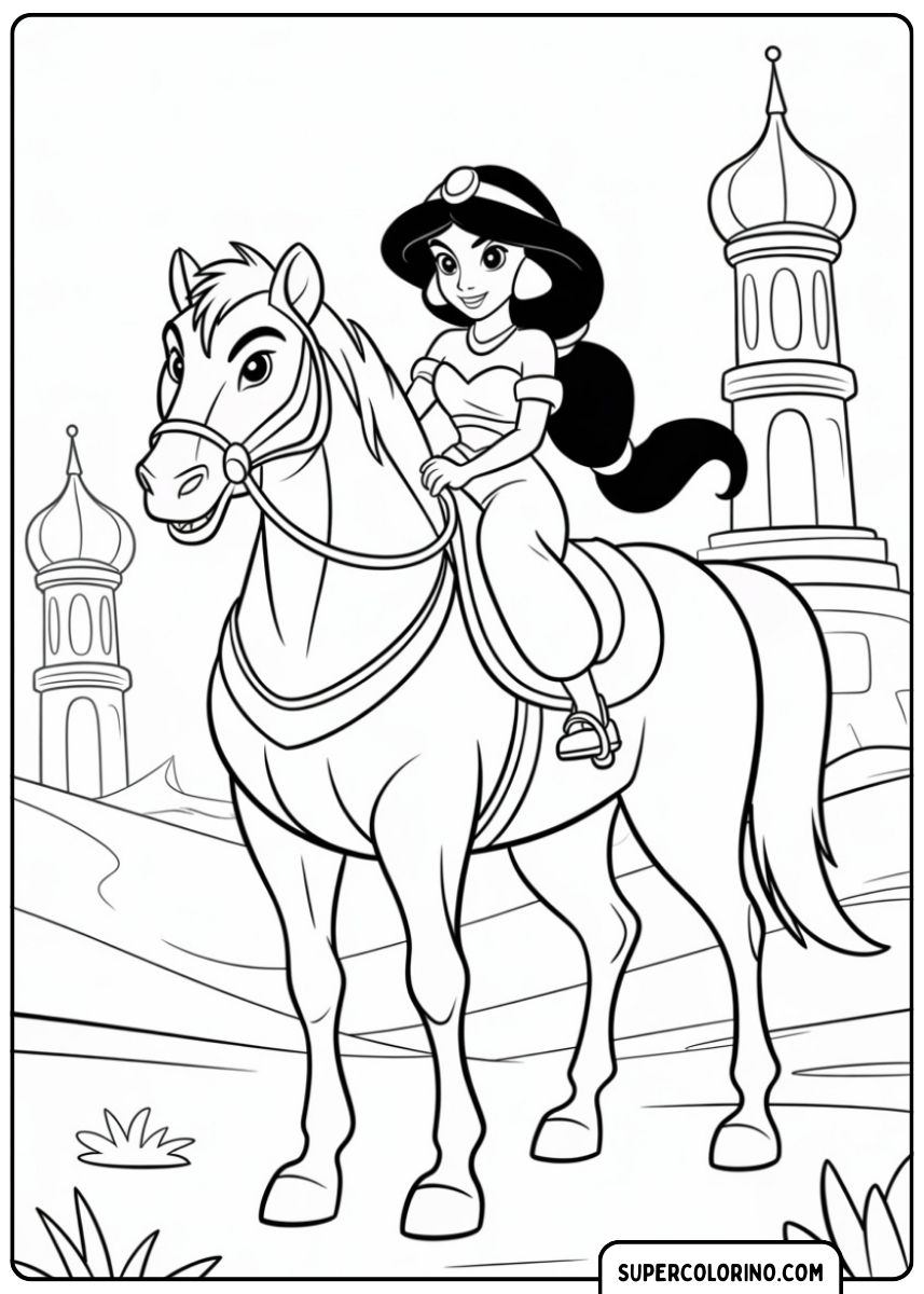 Jasmine reitet auf einem eleganten Pferd.