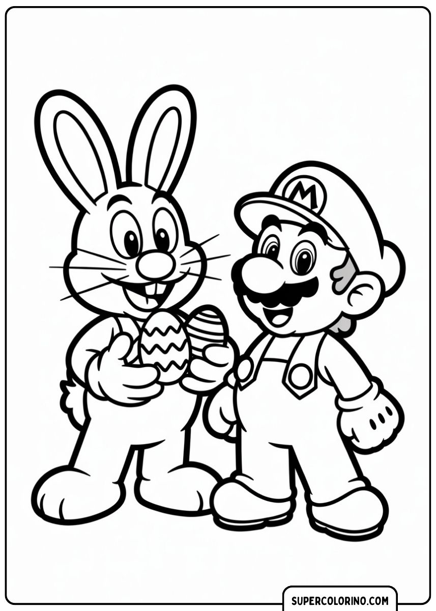Osterhase mit Mario, der dekorierte Eier hält.